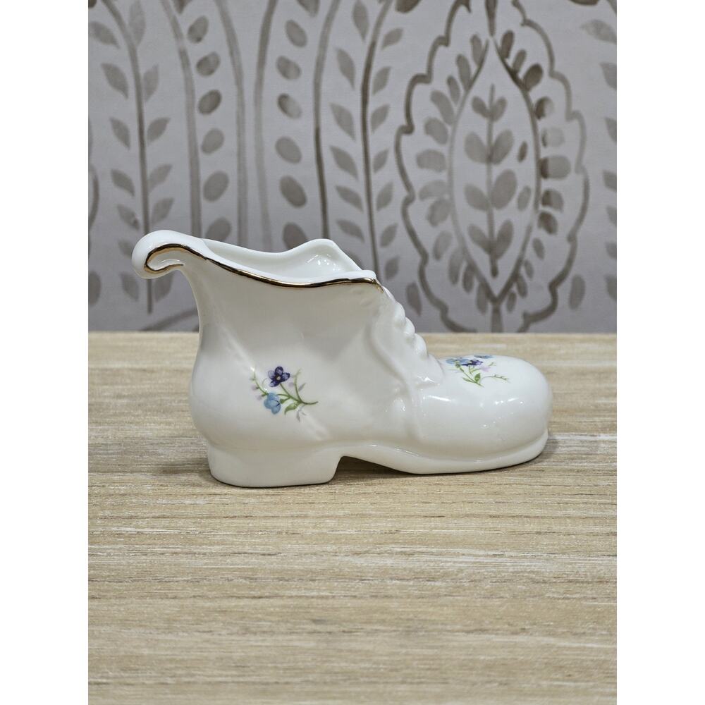 Fine Bone China Hand Painted Mini Boot Shoe Blue Flowers Tiny Vase Planter Decor